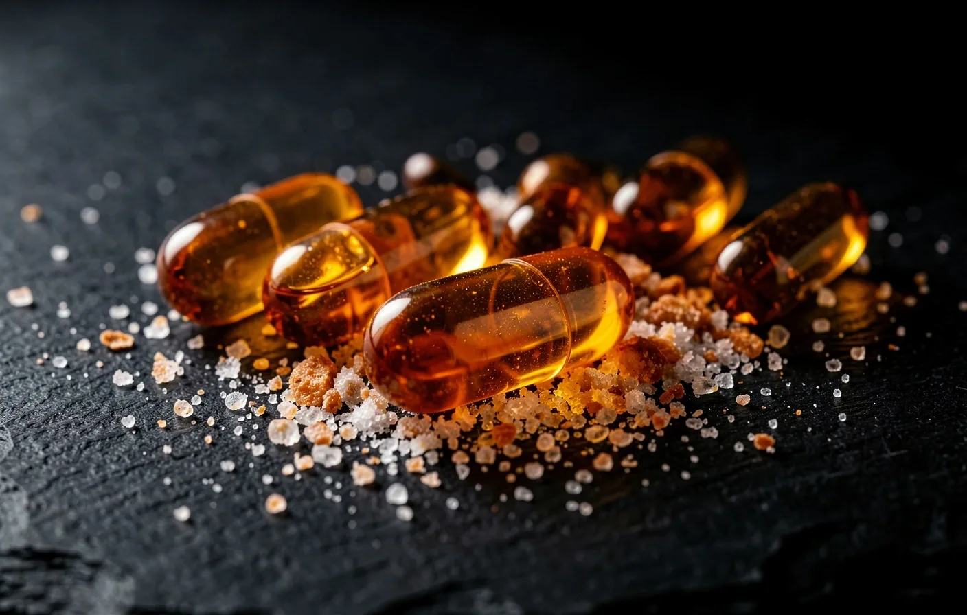 Vitamin capsules on dark surface