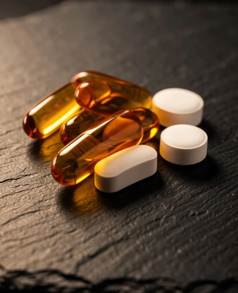 Capsules and tablets on dark stone surface
